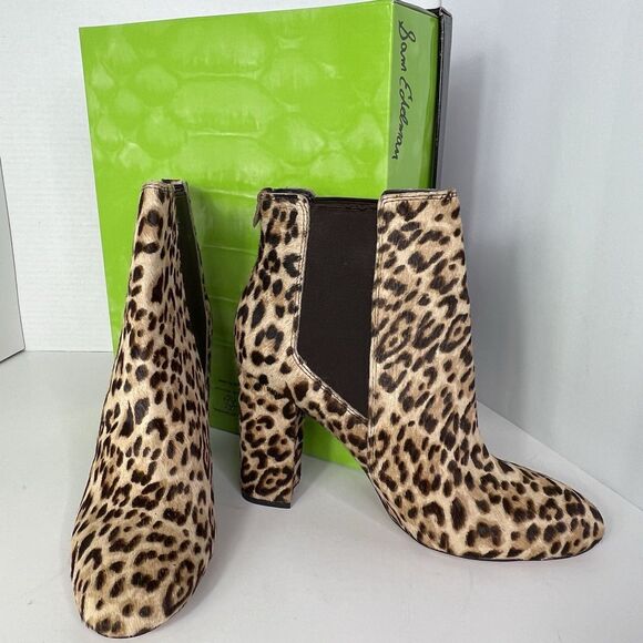 New Sam Edelman Bootie Size 8.5 Brown Leopard Calf Hair Chelsea Heels Boots - Picture 6 of 12